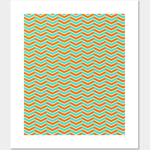 Mint Green, Orange and White Chevron Arrow Pattern Wall Art by squeakyricardo